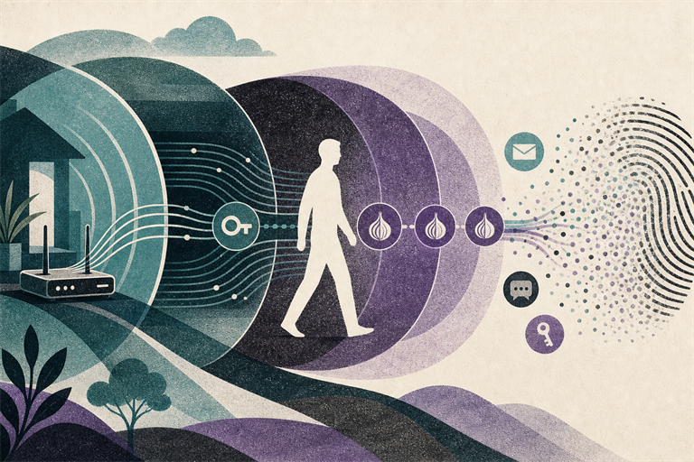 A person passing through layered privacy networks as a fingerprint dissolves