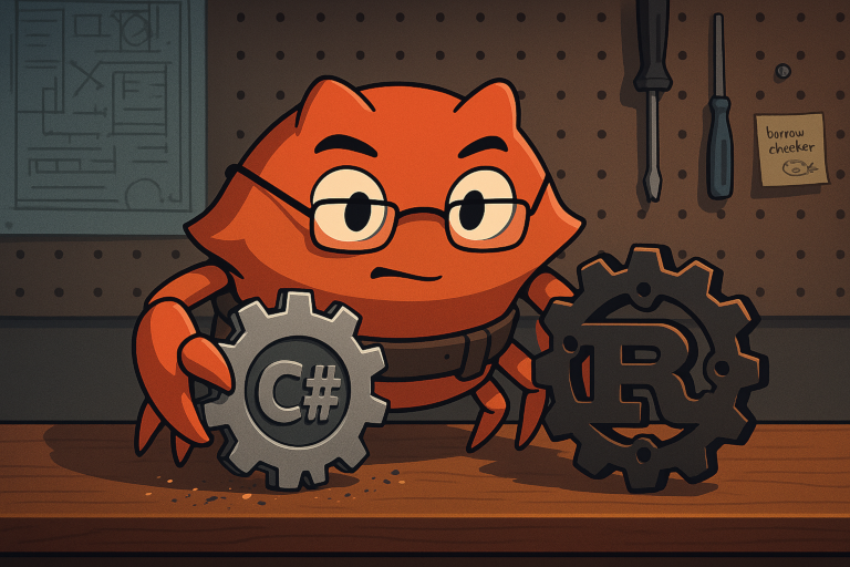 A seasoned developer crab (Ferris) comparing a C# gear and a Rust gear on a workbench