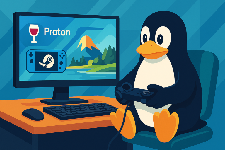Tux penguin gaming on a KDE desktop with Proton and Steam Deck icons