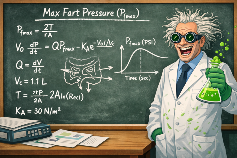 A scientist in a lab coat standing solemnly next to a chalkboard covered in fart pressure equations