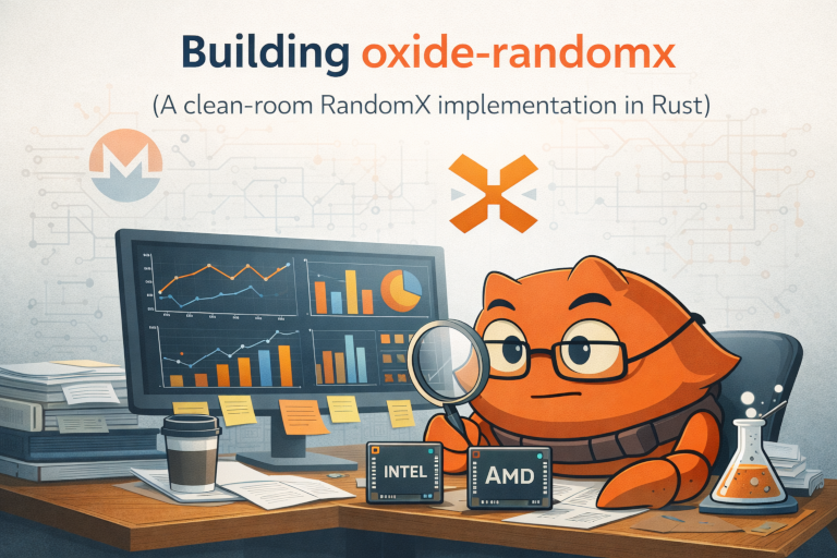 Illustration of a Rust crab analyzing RandomX performance with charts and CPU benchmarks