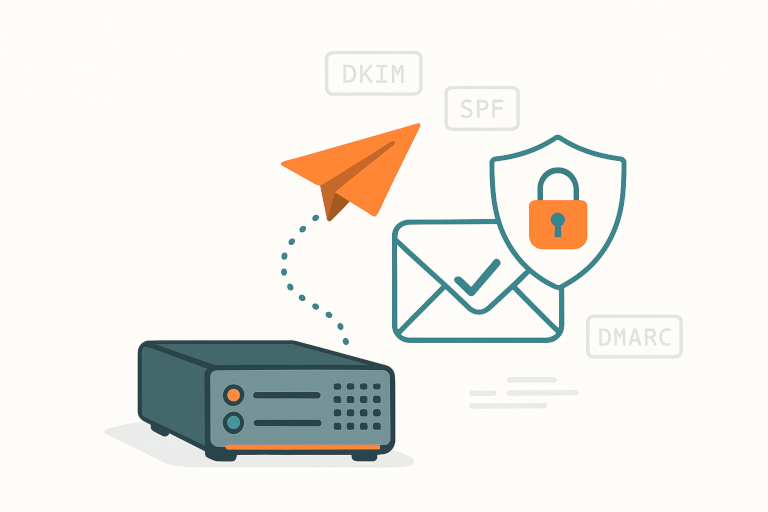 A compact Linux server with a paper airplane and shield icon symbolizing email deliverability and privacy
