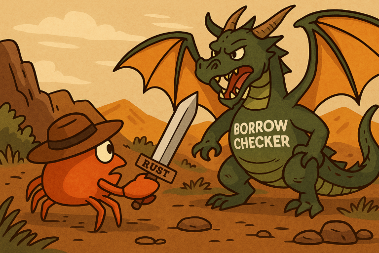A cartoon crab adventurer holding a sword labeled 'Rust' facing a dragon called 'Borrow Checker'