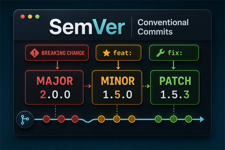 Diagram showing SemVer version bumps driven by Conventional Commit types