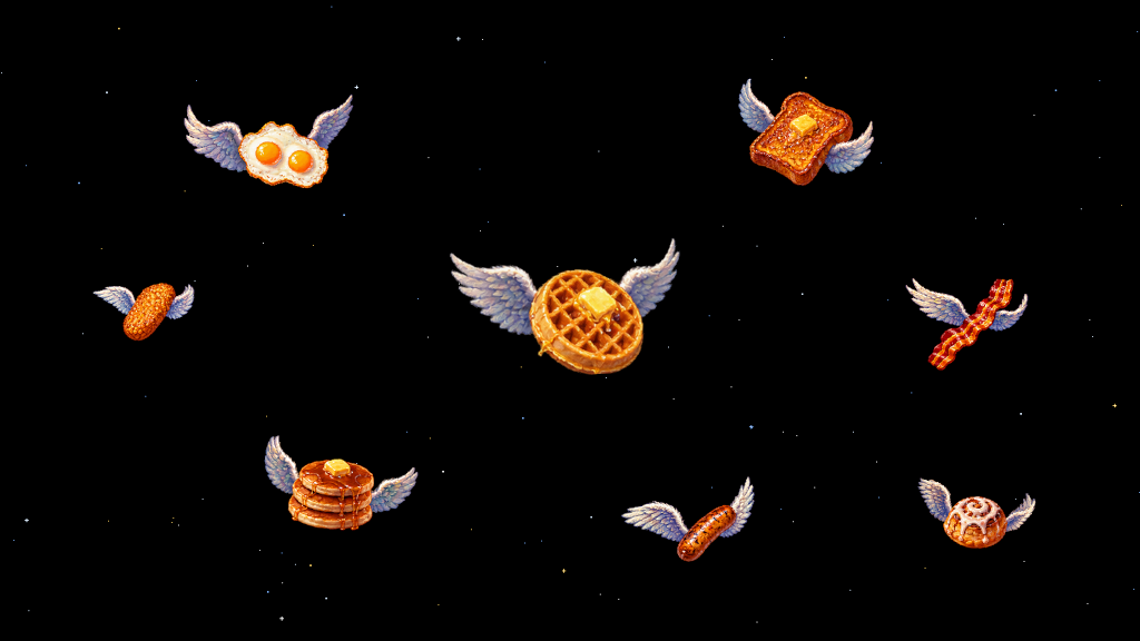Winged waffles, eggs, French toast, bacon, sausage, pancakes, hash browns, and a cinnamon roll against a black, starry background