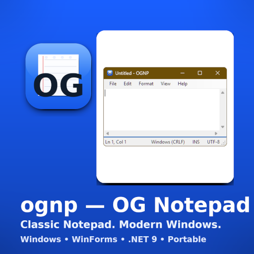 OGNP app window with classic Notepad look, menu bar, and editor area