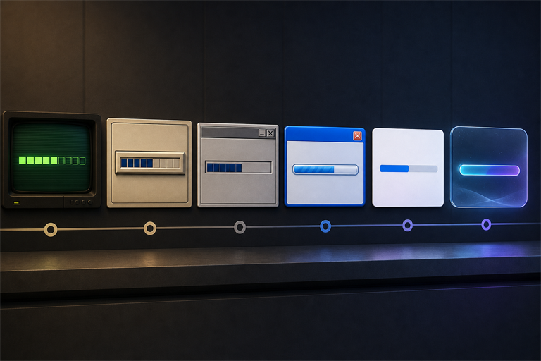 A timeline of progress bars evolving from green terminal blocks to modern glassy interface panels